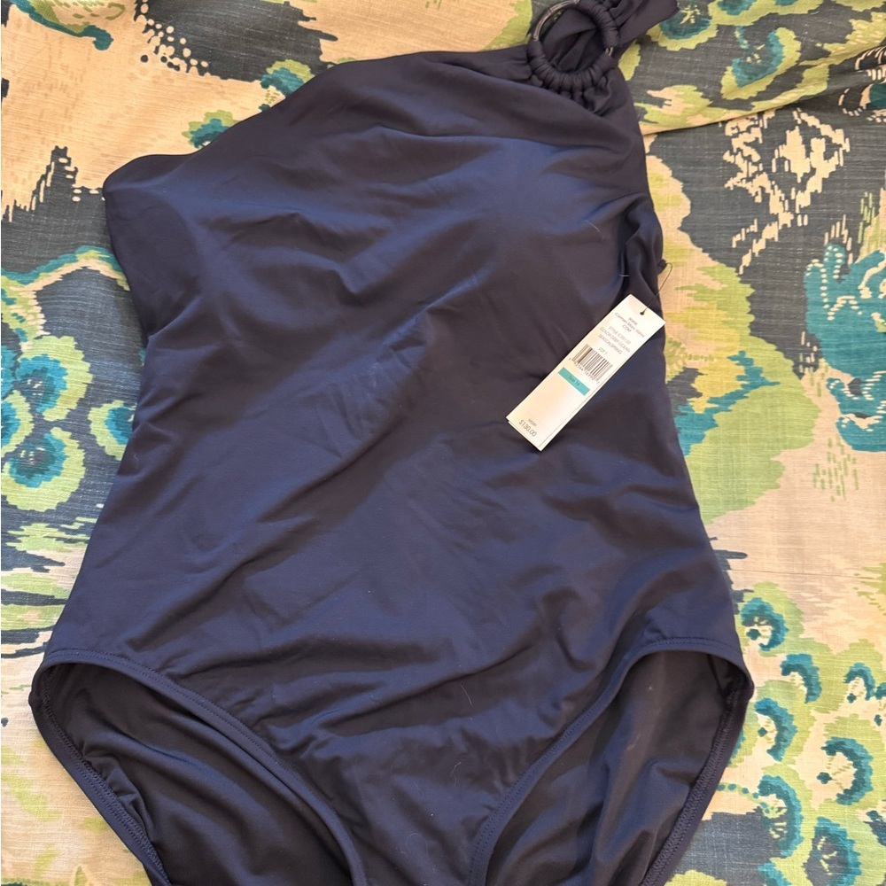 Carmen Marc valvo one shoulder navy swimsuit